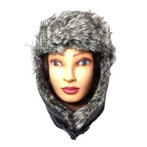 Hawkins 1986 Trapper Hat Russian Ear Flap Plaid Gray Faux Fur Trim Winter Skiing